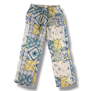 The Lazy Poet Patchwork Blue/Yellow Linen Drawstring Pants Boho Funky Size S
